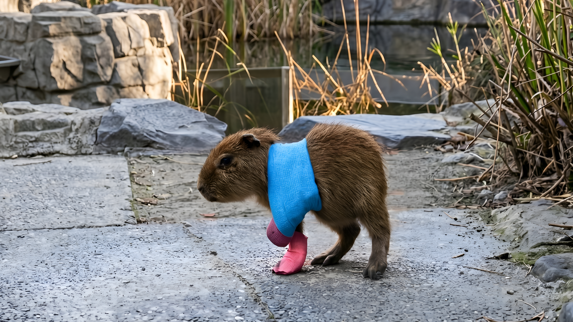 Gibbs the Capybara exploring with his cast near the rocks