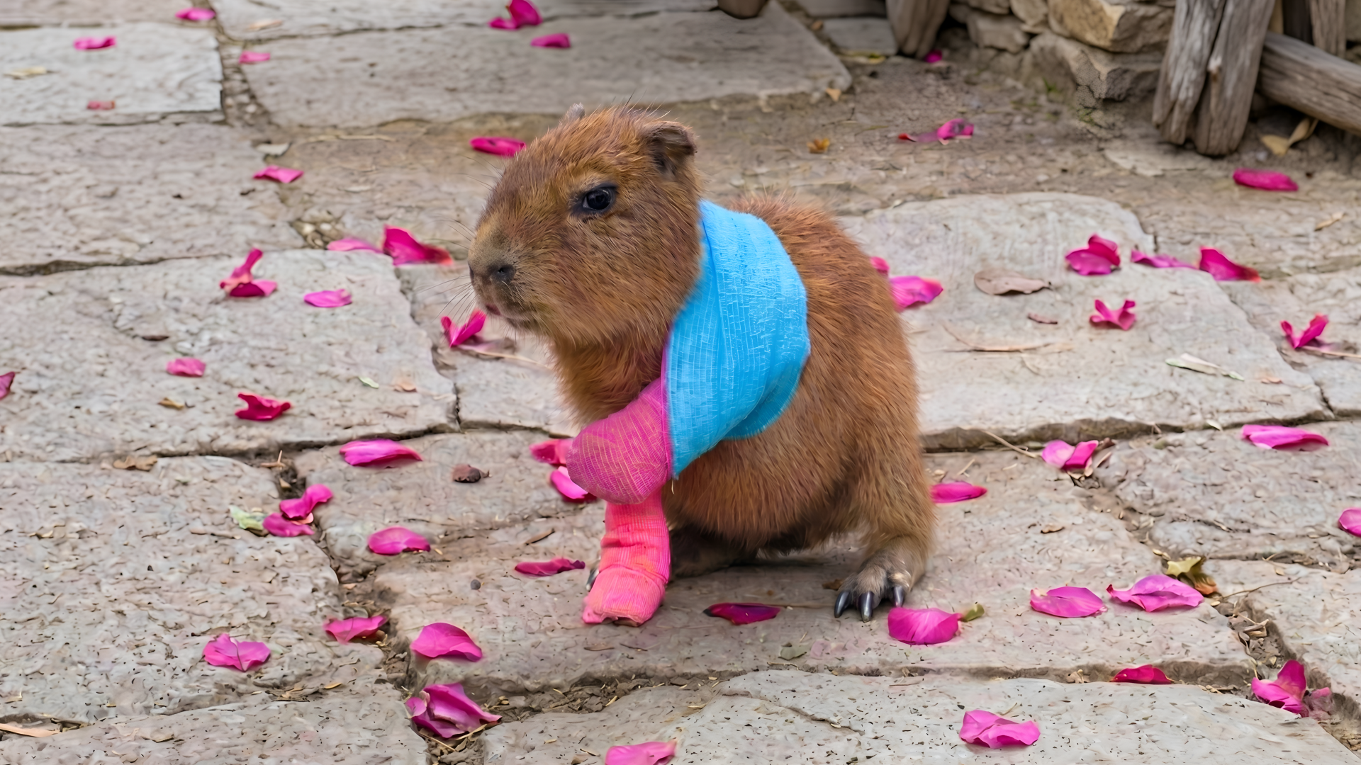 Gibbs the Capybara standing proudly among pink flower petals